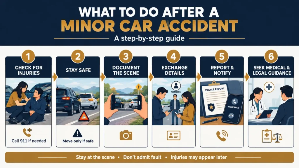 What To Do After A Minor Car Accident - McDowell Law Firm What To Do After A Minor Car Accident - step by step infographic