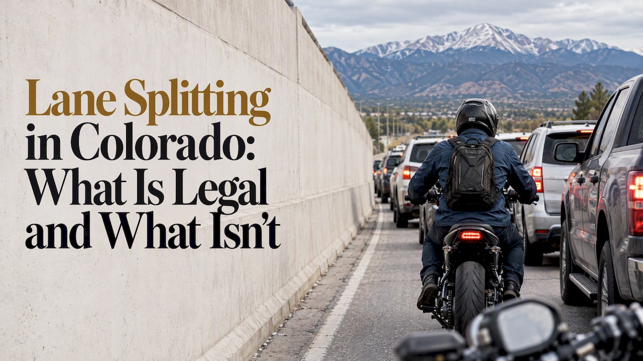 Motorcyclist filtering between stopped Colorado traffic